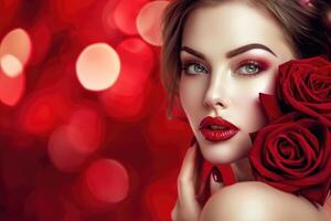 ai gerado uma mulher com vermelho Maquiagem segurando uma rosa foto