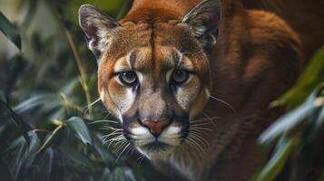 ai gerado retrato do Puma dentro floresta. americano puma ou montanha leão. foto