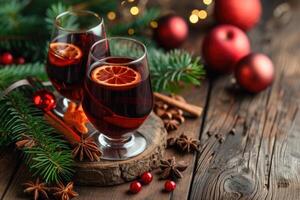 ai gerado Natal ponderado vermelho vinho com especiarias e frutas em uma de madeira rústico mesa. tradicional quente beber às Natal tempo. foto