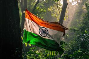 ai gerado indiano bandeira acenando dentro selva foto