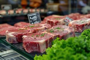 ai gerado cru fresco carne para bife perfeitamente arranjado dentro uma fazer compras foto