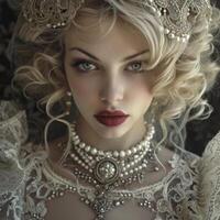 ai gerado lindo Loiras mulher dentro gótico vestir com pérola joalheria foto