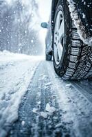 ai gerado fechar-se imagem do uma carro pneus em a estrada dentro inverno. foto