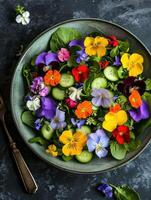 ai gerado fresco salada do Primavera legumes decorado com comestível flores foto