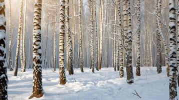 Nevado roupa de baixo do bétula árvores dentro inverno floresta foto