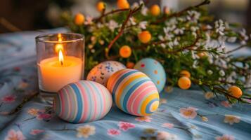 ai gerado colorida Páscoa ovos arranjado em uma mesa com uma vela, Páscoa velas imagem foto