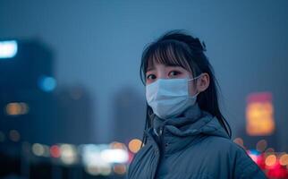 ai gerado menina dentro cinzento Jaqueta desgasta uma face mascarar às noite no meio ar poluição, ar poluição e smog imagem foto