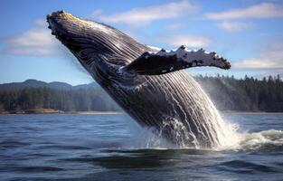 ai gerado majestoso corcunda baleia saltos Fora do oceano ondas, golfinhos e baleias imagem foto
