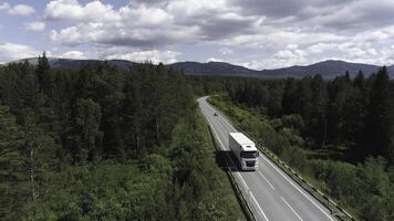 aéreo Visão do a concreto estrada e verde Relva e árvores crescendo ao longo isto, branco vagão com bens comovente em a esvaziar estrada. cena. transporte e frete Serviços conceito. foto