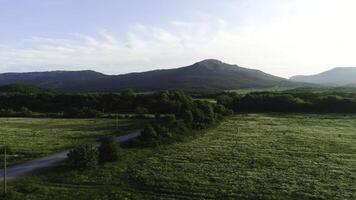 verde Relva Campos panorama com fantástico montanhas em a fundo. tomada. asfalto estrada com verde prados, arbustos, e árvores com brilhante céu, beleza do natureza. foto