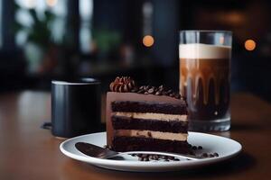 ai gerado chocolate bolo com vidro copo do café em cafeteria mesa, neural rede gerado imagem foto