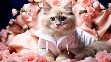 ai gerado gato dentro uma Rosa camisa em uma fundo do flores foto