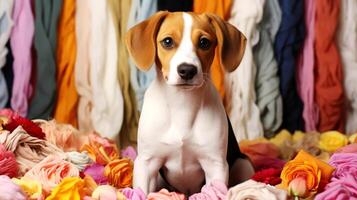 ai gerado uma fofa beagle cachorro em colorida roupas fundo. foto