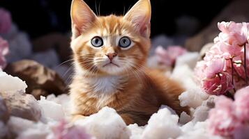 ai gerado fofa gengibre gatinho com azul olhos deitado em a branco flores fundo. foto