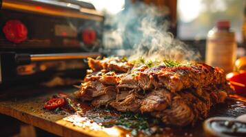 ai gerado grelhado carne com ervas e especiarias em uma de madeira borda dentro uma restaurante. foto