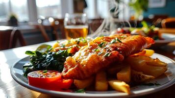 ai gerado carne de porco Picar com batatas e salada em uma de madeira mesa dentro uma restaurante. foto