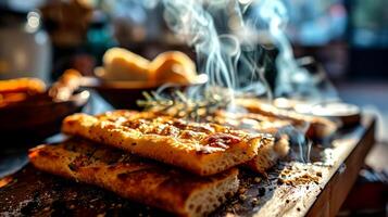 ai gerado pizza em uma de madeira borda com fumaça. foto