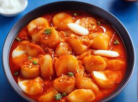 ai gerado fechar acima do coreano tradicional Comida tteokbokki, arroz bolo. foto