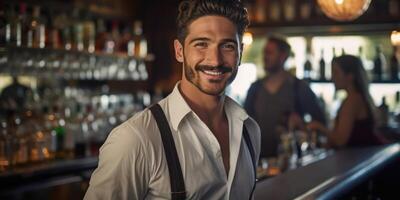 ai gerado com alegre sorrisos, masculino bartenders ficar de pé com confiança preparado foto