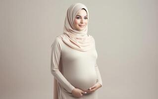 ai gerado feliz grávida muçulmano mulher tocante dela barriga foto