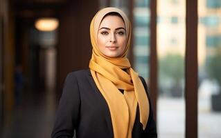 ai gerado confiante empresária vestindo hijab foto