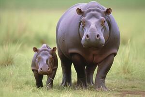 ai gerado lindo hipopótamo pastar dentro grande africano savana com cênico panorama foto