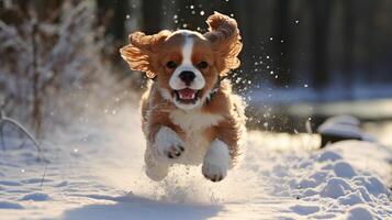 ai gerado adorável descuidado Charles rei spaniel cachorro jogando alegremente dentro a brilhante queda de neve foto