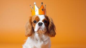 ai gerado descuidado rei Charles spaniel a comemorar festa com festa chapéu - Diversão festa animal conceito foto