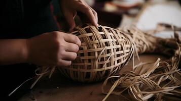 ai gerado mão construindo uma tradicional cesta foto