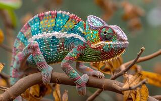 ai gerado colorida camaleão em verde ramo foto