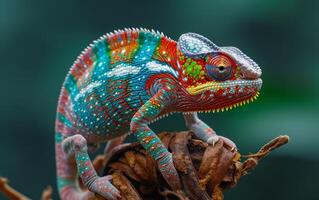 ai gerado colorida camaleão em verde ramo foto