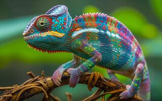 ai gerado colorida camaleão em verde ramo foto