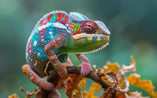 ai gerado colorida camaleão em verde ramo foto