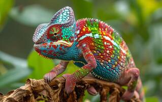 ai gerado colorida camaleão em verde ramo foto