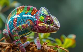 ai gerado colorida camaleão em verde ramo foto