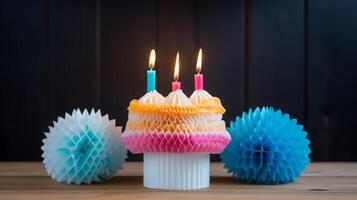 ai gerado colorida aniversário bolo com velas e decorações foto