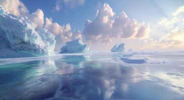 ai gerado congeladas lago com ampla icebergs, Derretendo geleiras e icebergs foto