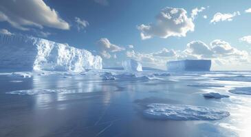 ai gerado uma congeladas lago com enorme icebergs criando uma invernal cena, Derretendo geleiras e icebergs cenário foto