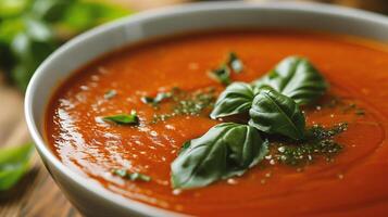 ai gerado tomate sopa com torrado pão em de madeira mesa, fechar-se foto