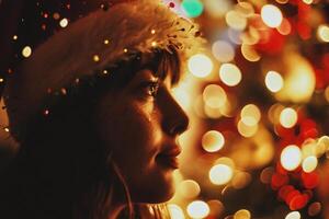 ai gerado retrato do uma menina dentro uma santa chapéu em a fundo do Natal luzes foto