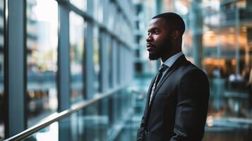 ai gerado retrato do uma jovem africano homem de negocios em pé dentro a escritório construção foto