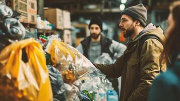 ai gerado jovem homem é escolhendo plástico garrafas para reciclando dentro a supermercado. foto