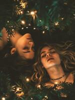 ai gerado retrato do dois lindo jovem mulheres dentro Natal árvore com luzes foto
