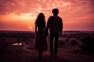ai gerado silhueta do jovem casal segurando mãos e olhando às lindo pôr do sol. foto