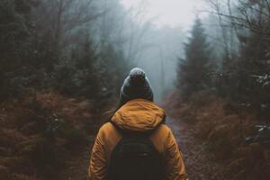 ai gerado uma jovem mulher com uma mochila em dela costas anda em através a nebuloso floresta. foto