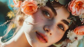 ai gerado fechar-se retrato do uma lindo menina com flores dentro dela cabelo foto