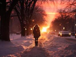 ai gerado uma homem caminhando em uma Nevado estrada às pôr do sol dentro a inverno. foto