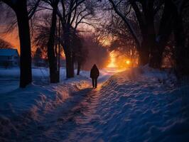 ai gerado uma homem caminhando em uma Nevado estrada às pôr do sol dentro a inverno. foto