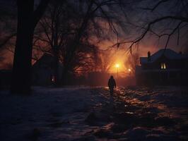 ai gerado uma homem caminhando em uma Nevado estrada às pôr do sol dentro a inverno. foto