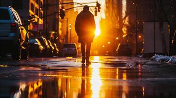 ai gerado uma homem é caminhando ao longo uma molhado rua dentro a cidade às pôr do sol foto